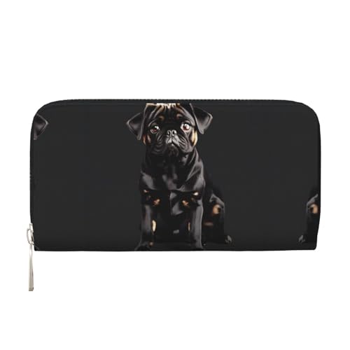 YANYU Geldbörse mit niedlichem Mops-Motiv, bedruckt, Leder, für Damen, für Freizeit und Reisen, für alle Gelegenheiten, Schwarz, Schwarz, Einheitsgröße, Kunst von YANYU