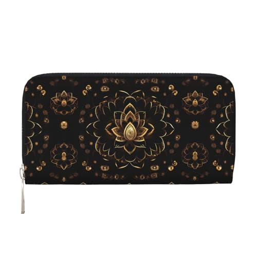 YANYU Goldfarbene Geldbörse mit Lotusblumen-Aufdruck, Leder, für Damen, Freizeit und Reisen, für alle Anlässe, Schwarz, Einheitsgröße, Kunst von YANYU