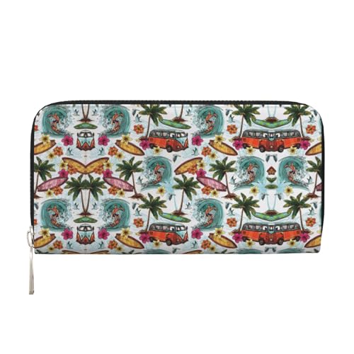 YANYU Hawaiianischer Surfer auf gewelltem Druck, Leder-Handbrieftasche, Clutch, für Damen, Freizeit und Reisen, für alle Anlässe, Schwarz, Einheitsgröße, Kunst von YANYU