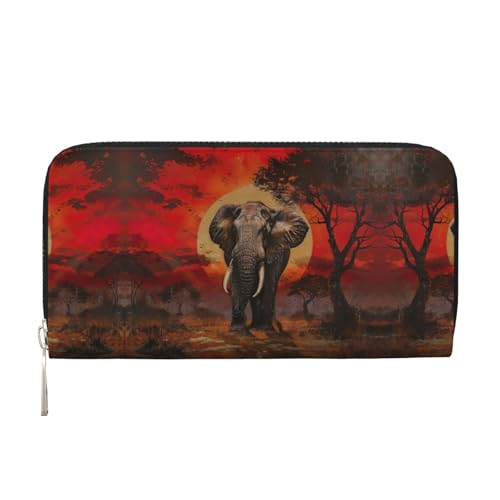 YANYU Leder-Handgeldbörse mit Elefanten-Sonnenuntergang-Druck, Clutch, für Damen, Freizeit und Reisen, für alle Anlässe, Schwarz, Einheitsgröße, Kunst von YANYU
