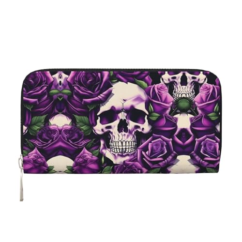 YANYU Many Purple Rose Skull Print Leather Hand Wallet Clutch for Women Casual and Travel Use All Occasions Wallet, Schwarz, Einheitsgröße, Kunst von YANYU