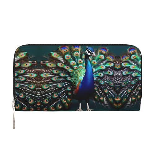 YANYU Schöne Geldbörse aus Leder mit Pfauen-Aufdruck, Clutch, für Damen, Freizeit und Reisen, für alle Gelegenheiten, Schwarz, Einheitsgröße, Kunst von YANYU