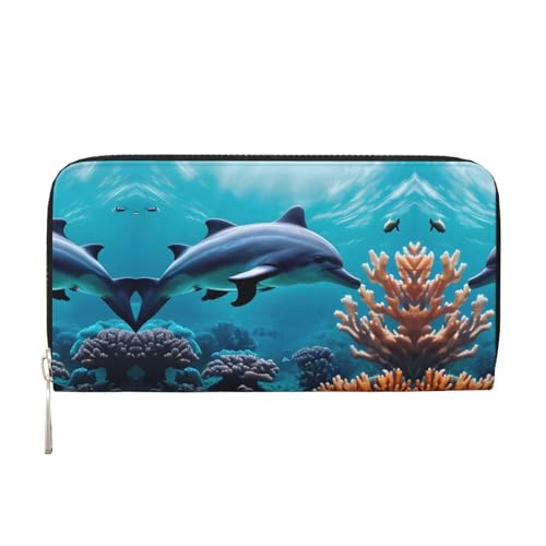 YANYU Schöne Unterwasserwelt Delfine Korallenmuster Leder Handgeldbörse Clutch für Frauen Freizeit und Reisen Verwendung für alle Anlässe, Schwarz, Einheitsgröße, Kunst von YANYU