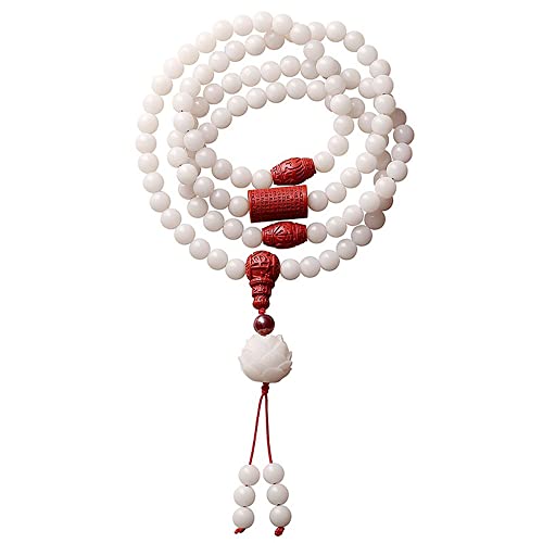 YANYUESHOP Tibetisch-buddhistische Gebetsperlen, 108 weiße Bodhi-Samen-Halskette, umwickeltes Perlenarmband mit echtem Zinnober, 8 mm Mala-Buddha-Rosenkranz zum Singen von Meditation von YANYUESHOP