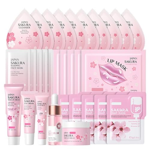 30pcs Sakura Hautpflege Sets Geschenke für Teenager Mädchen,Sakura Skincare Set,Feuchtigkeit Kirschblüte Hautpflege Kit,Pamper Geschenk Set für Mädchen Frauen Mutter Tochter Geburtstag Weihnachten von YANZEFEI
