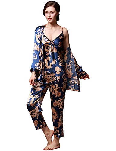 YANZHAO Damen Seide Satin Pyjama Set 3 Stück Blumen Seidig Pyjama Sets Nachtwäsche Cami Nachtwäsche mit Bademantel und Hose, navy, 38 von YANZHAO