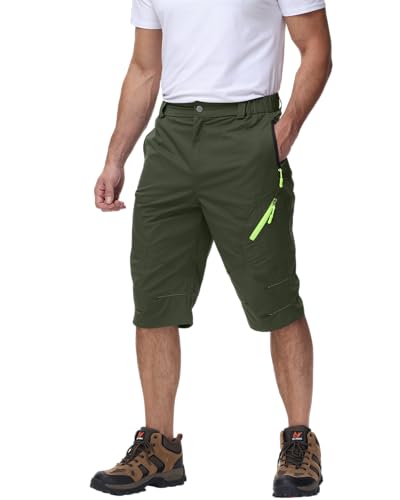 YAOBAOLE 3/4 Herren Wanderhose Kurz 3/4 Kurze-Hosen-Herren Bermuda-Cargo-Outdoor-Shorts Zip Off Atmungsaktiv Wasserdicht Softshellhose Armeegrün 3XL von YAOBAOLE