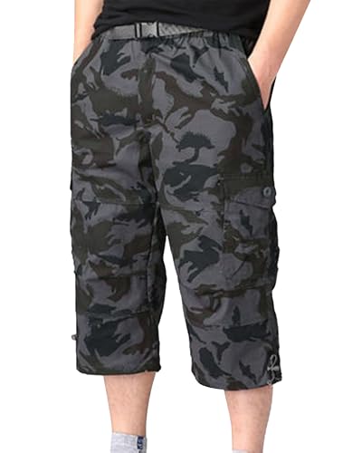 YAOBAOLE Cargohose Herren mit Gummizug Freizeithose Sommer Dreiviertel Cargo Shorts Bundeswehr Hose Männer Capri Pants Schwarze Tarnung XL von YAOBAOLE