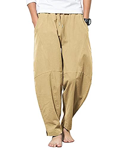 YAOBAOLE Herren Leinenhose Lang Leicht Sommerhose Casual Freizeithose für Urlaub Strand Alltag Khaki M von YAOBAOLE