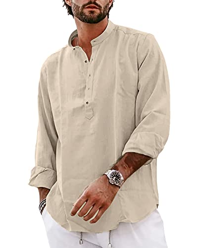 YAOBAOLE Hemd Herren Henley Shirt Hemden für Männer Langarm Sommerhemd Herren Freizeithemd Khaki XL von YAOBAOLE