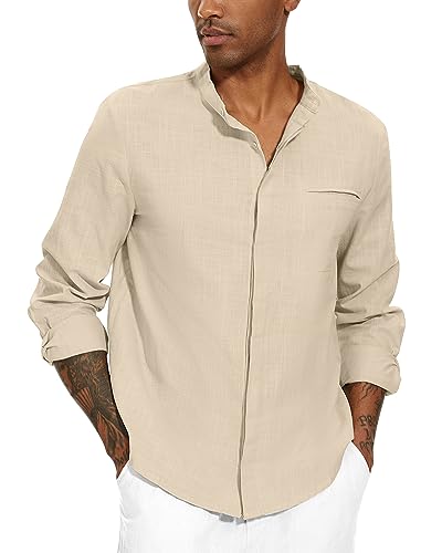 YAOBAOLE Hemd Herren Regular Fit Henley Leinen Hemd Herren Langarm Kragenloses Hemd Herren Leinenhemd Herren Khaki 2XL von YAOBAOLE