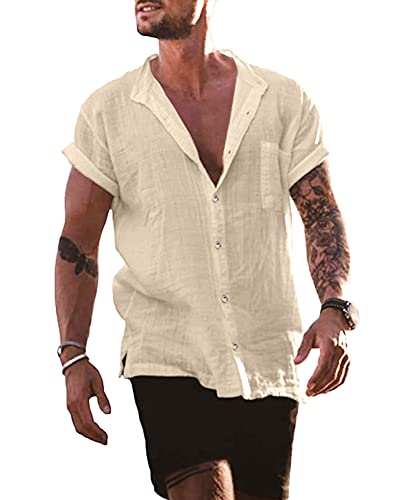 YAOBAOLE Hemd Herren Regular Fit Sommerhemd Herren Freizeithemd Herren Hemd Leinen Herren Kurzarm Khaki 2XL von YAOBAOLE