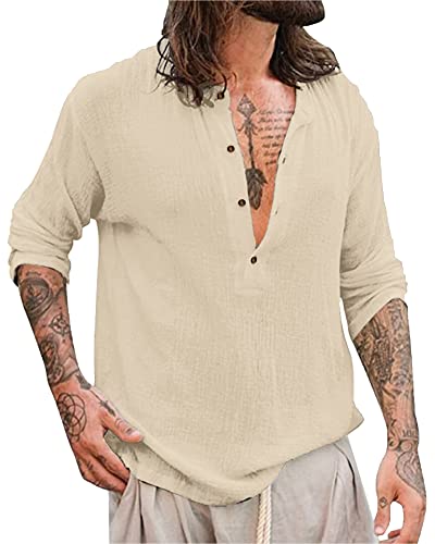 YAOBAOLE Henley Hemd Herren Comfort Fit Langarm Herren Business Hemd Fit Anzug, Business, Freizeit, Hochzeit,Strand Khaki 3XL von YAOBAOLE