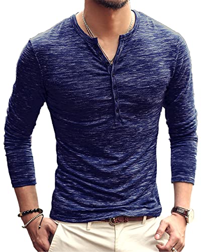 YAOBAOLE Henley Shirts Herren Langarm V-Ausschnitt Shirts Herren Henley Knopf Henley Shirt Herren Dunkelblau S von YAOBAOLE