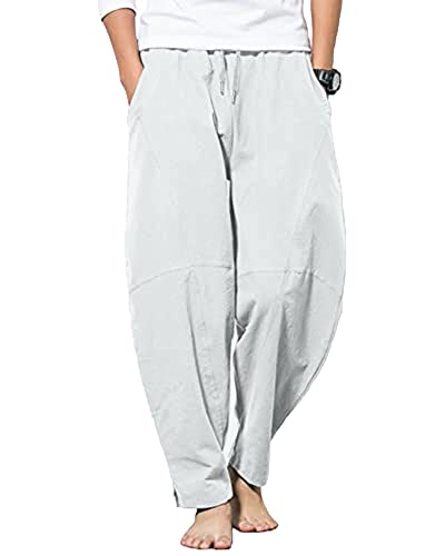 YAOBAOLE Herren Hose Lang Leinen Freizeithose Casual Strandhose Einfarbig Sommerhose Hellgrau M von YAOBAOLE