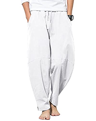 YAOBAOLE Herren Casual Hosen Leinen Herren Baggy Haremshose Leinen Freizeithose Herren Weiß 3XL von YAOBAOLE