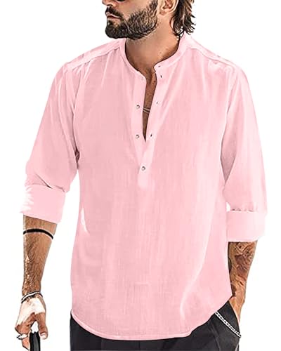 YAOBAOLE Herren Leinen Langarm Hemd Regular Fit Freizeithemd Pink L von YAOBAOLE