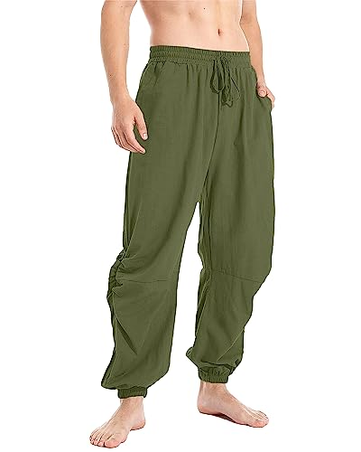 YAOBAOLE Herren-Hose, Leinen, mittelalterlich, lässig, Baumwolle, Leinen, Herren, Yoga, leicht, Sommer, elastische Taille, Armeegrün, M von YAOBAOLE