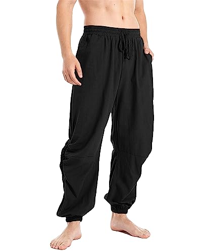 YAOBAOLE Herren-Hose, Leinen, mittelalterlich, lässig, Baumwolle, Leinen, Herren, Yoga, leicht, Sommer, elastische Taille, Schwarz , 56 von YAOBAOLE