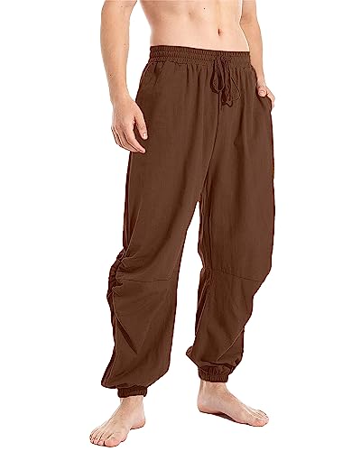 YAOBAOLE Herren-Hose, Leinen, mittelalterlich, lässig, Baumwolle, Leinen, Herren, Yoga, leicht, Sommer, elastische Taille, braun, M von YAOBAOLE