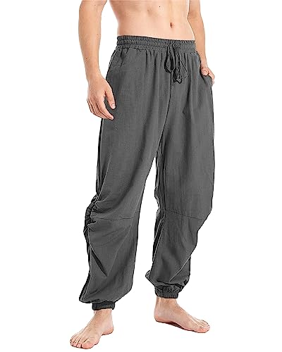 YAOBAOLE Herren-Hose, Leinen, mittelalterlich, lässig, Baumwolle, Leinen, Herren, Yoga, leicht, Sommer, elastische Taille, dunkelgrau, 56 von YAOBAOLE