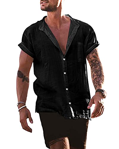 YAOBAOLE Herren Kurzarmhemd Leinen Hemden Herren Strand Hemden Männer Freizeit Outdoor Schwarz 2XL von YAOBAOLE