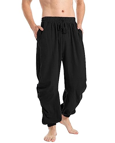 YAOBAOLE Herren Lang Hose Leinenhose Einfarbig Freizeithose Lässige Strandhose Leichte Lange Hosen Regular Fit für Männer Leinen Schwarz L von YAOBAOLE