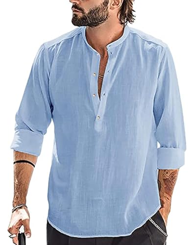 YAOBAOLE Herren Langarmhemd Leinen Hemden Strand Hemden Männer Freizeit Outdoor Hellblau 2XL YAOBAOLE Herren Langarmhemd Leinen Hemden Strand Hemden Männer Freizeit Outdoor Hellblau 2XL von YAOBAOLE