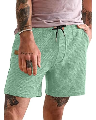 YAOBAOLE Herren Leichte Shorts – Bequeme Waffelstoff Sommer Freizeit Shorts mit Taschen Sommer Hellgrün 3XL von YAOBAOLE
