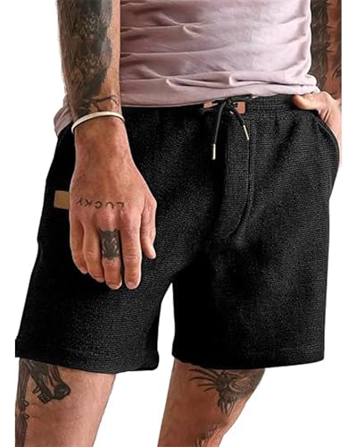 YAOBAOLE Herren Leichte Shorts – Bequeme Waffelstoff Sommer Sport Shorts mit Taschen Universal Fit Schwarz 3XL von YAOBAOLE