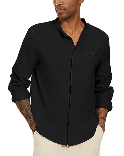 YAOBAOLE Herren Leinenhemd Langarm Leinen Hemd Männer Freizeithemd Hemd Herren Langarmshirt Herren Schwarz L von YAOBAOLE