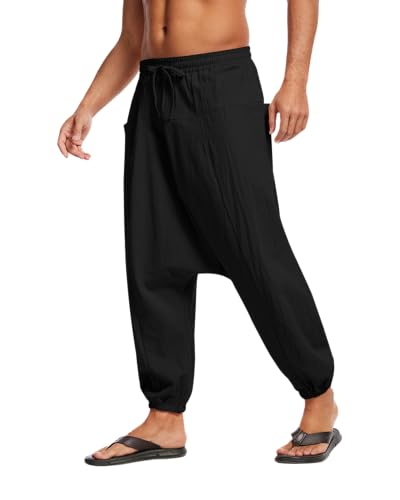 YAOBAOLE Herren Leinenhose – Atmungsaktive Freizeithose mit Gummibund und Taschen, Leichte Stoffhose Schwarz L von YAOBAOLE