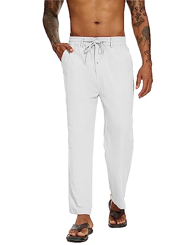 YAOBAOLE Herren Leinenhose Lang Leinenhose Herren Regular Fit Leinenhose Herren Lang Hose Leinen Herren Weiß M von YAOBAOLE