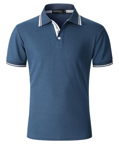 YAOBAOLE Herren Polo T-Shirt Regular Fit – Freizeit Polohemd mit farblich abgesetzten Details, Atmungsaktives Shirt Navy L von YAOBAOLE