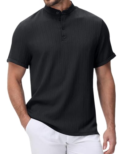 YAOBAOLE Herren Sommerhemd Kurzarm – Stehkragen Henley Shirt, Lockeres Freizeithemd für Alltag & Urlaub Schwarz 2XL von YAOBAOLE