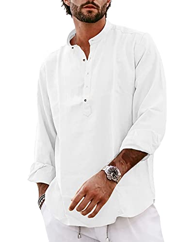 YAOBAOLE Herrenhemden Langarm Baumwolle Leinenhemd Freizeithemd Button Down Shirt Weiß XL von YAOBAOLE