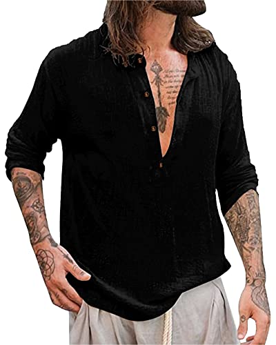 YAOBAOLE Langarm Hemden Herren Leinenhemd Herren Langarm Freizeithemd Herren Slim Fit Schwarz M von YAOBAOLE