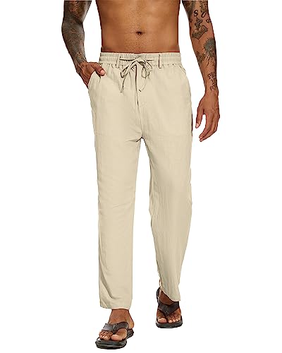 YAOBAOLE Leinen Freizeithose Herren Lang Leinenhosen Herren Strandhose Herren Lang Herren Leinenhose Lang Khaki XL von YAOBAOLE