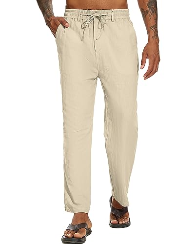 YAOBAOLE Leinen Freizeithose Herren Lang Leinenhosen Herren Strandhose Herren Lang Herren Leinenhose Lang Khaki XL von YAOBAOLE