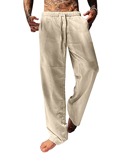 YAOBAOLE Leinen Freizeithose Herren Lang Loose Fit Strandhose Leinenhose Khaki XL von YAOBAOLE
