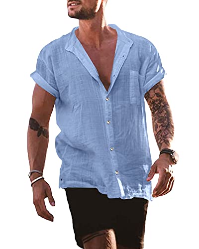 YAOBAOLE Leinen Hemd Herren Kurzarm Hemden für Männer Sommerhemd Herren Freizeithemd Hellblau XL von YAOBAOLE