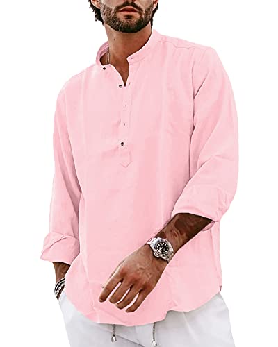 YAOBAOLE Leinen Hemd Herren Langarm Businesshemd Herren Hemd Baumwolle Leinenhemden Herren Pink XL von YAOBAOLE