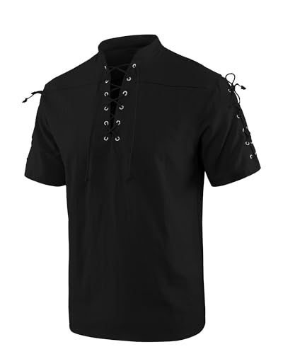 YAOBAOLE Leinen Hemd Herren Mitteralter Piratenhemd Cosplay Kostüm Herren Renaissance Hemd Kurzarm Schwarz 2XL von YAOBAOLE