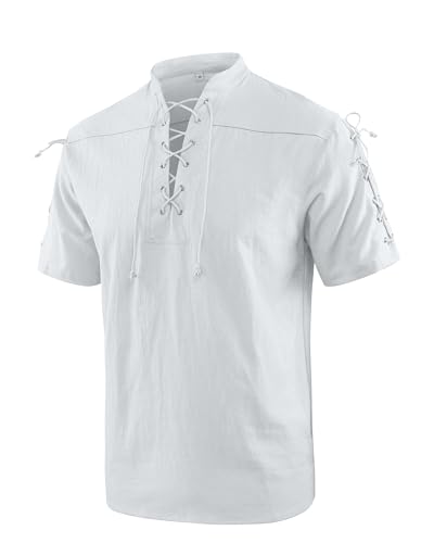 YAOBAOLE Leinen Hemd Herren Mitteralter Piratenhemd Cosplay Kostüm Schnürhemd Herren Mittelalter Weiß 2XL von YAOBAOLE