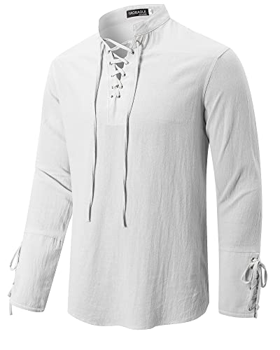 YAOBAOLE Leinen Hemd Herren Mitteralter Piratenhemd Herren Kostüm Langarm Schnürhemd Herren Mittelalter Weiß 2XL von YAOBAOLE