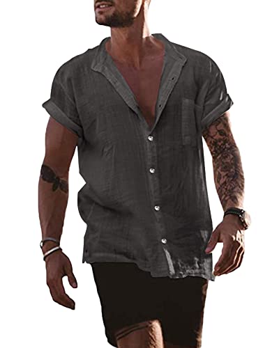 YAOBAOLE Leinen Hemd Herren Regular Fit Sommerhemd Kurzarm Freizeithemd Hemd Leinen Dunkelgrau 2XL von YAOBAOLE