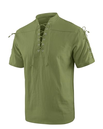 YAOBAOLE Leinen Herren Hemd Regular Fit Sommerhemd Renaissance Kurzarm Armeegrün 2XL von YAOBAOLE