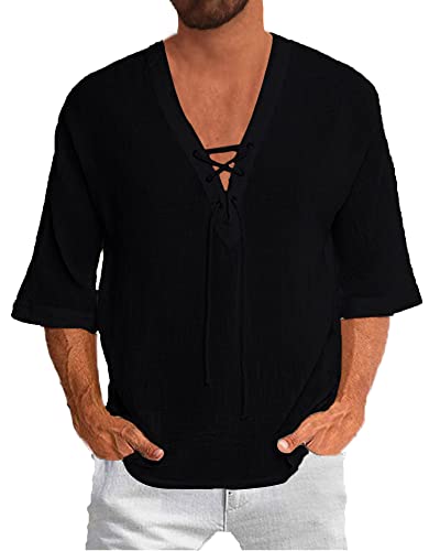 YAOBAOLE Leinen Hemden Herren Langarm Regular Fit Leinen Hemd Herren Leinenhemden Herren Slim Fit Schwarz XL von YAOBAOLE