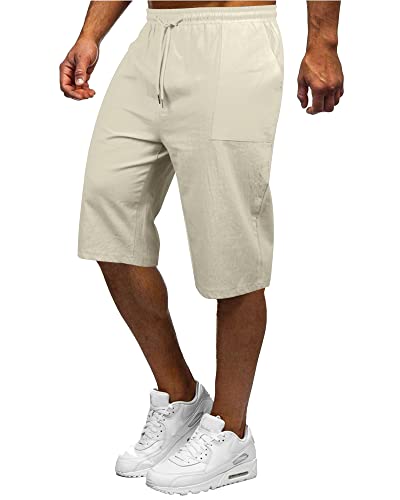 YAOBAOLE Leinen Hose Herren 3/4 Herrenshorts Leinen Freizeit Hose Herren Leinen Kurz Sommershorts für Herren Beige 2XL von YAOBAOLE