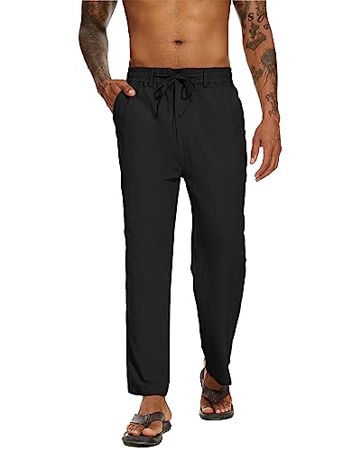 YAOBAOLE Leinen Hose Herren Lang Freizeithose Herren Strandhose Herren Lang Leinenhosen Männer Loose Fit Schwarz M von YAOBAOLE